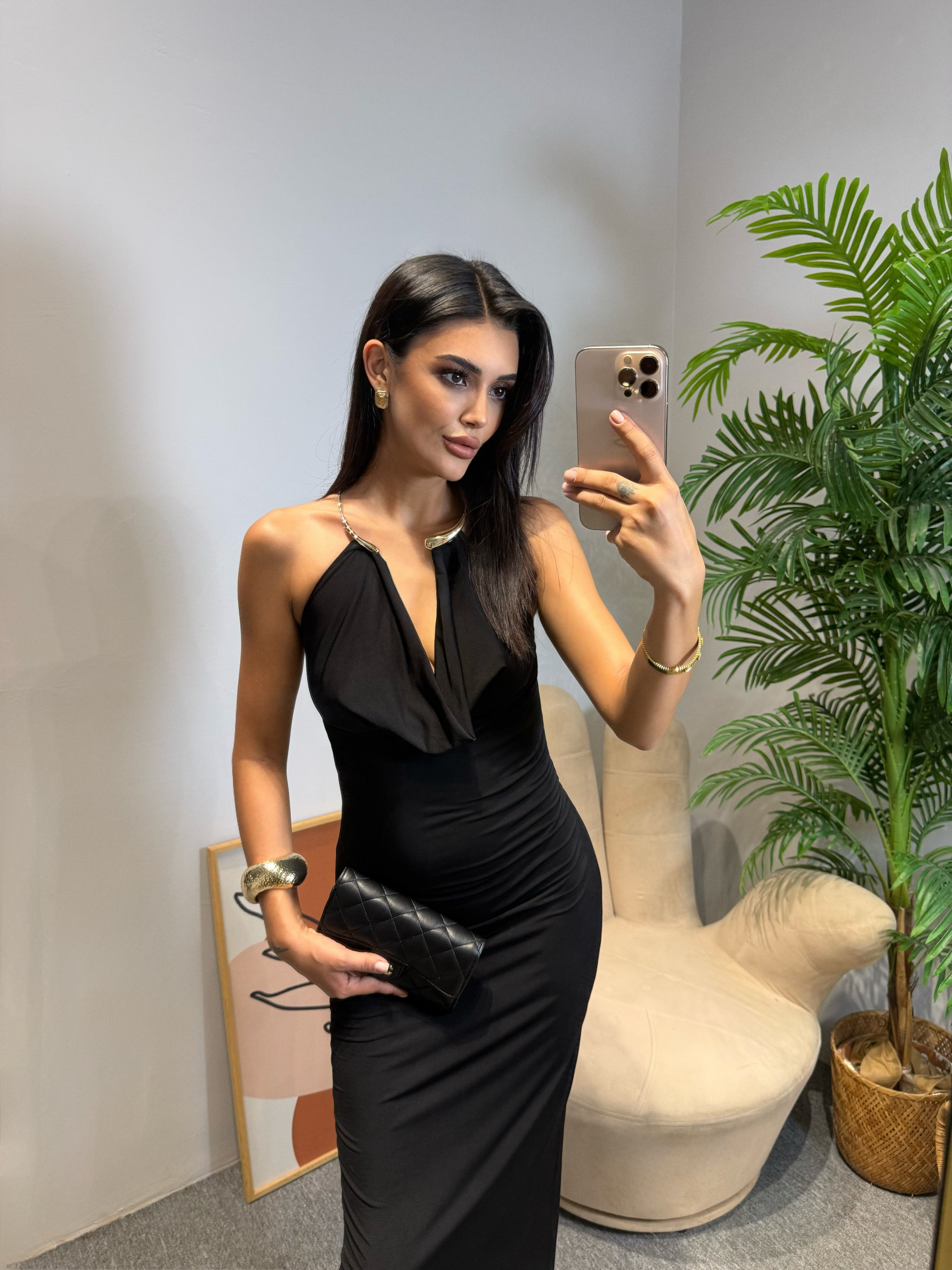 VESPER GOLD DETAYLI ELBİSE